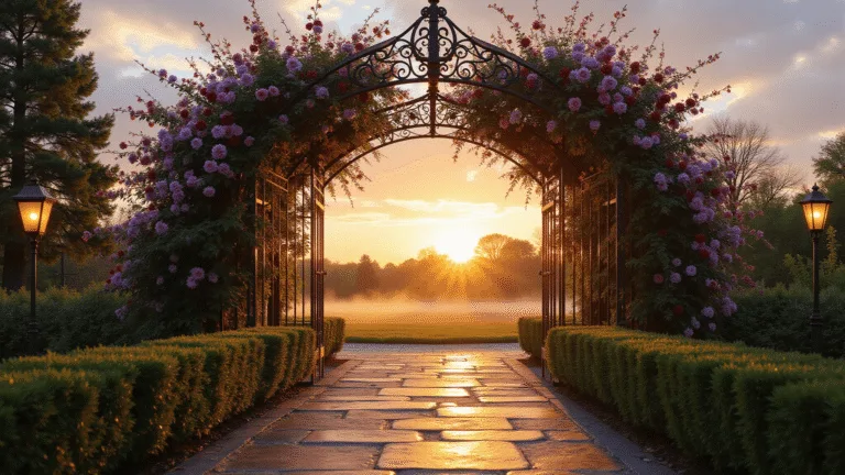 A grand garden entrance featuring a 12-foot ornate metal arch trellis adorned with burgundy climbing roses and purple clematis, illuminated by a golden sunset, with a weathered stone pathway and manicured box hedges flanking the sides, vintage copper lanterns casting warm light, captured in hyperrealistic style with shallow depth of field and soft bokeh, emphasizing warm tones and deep greens.