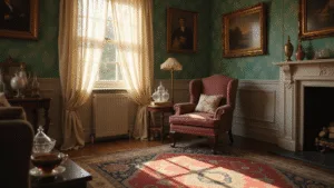 Granny Chic: Bringing Vintage Charm into Modern Homes A sunlit Victorian living room with a rose-patterned wingback chair and ornate brass lamp, featuring a pastel color palette, vintage decor, and a Persian rug, captured in warm golden hour lighting.