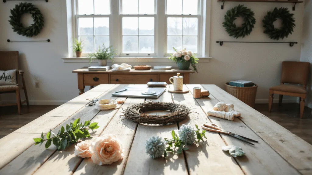A sunlit craft room featuring a wooden farmhouse table with a partially completed grapevine wreath, surrounded by crafting supplies like vintage scissors and faux flowers, set against white shiplap walls and illuminated by natural light.