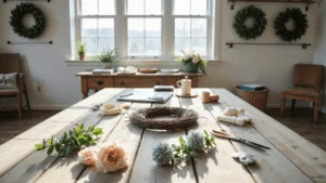 Grapevine Wreaths: Unleash Your Inner Decorator! A sunlit craft room featuring a wooden farmhouse table with a partially completed grapevine wreath, surrounded by crafting supplies like vintage scissors and faux flowers, set against white shiplap walls and illuminated by natural light.