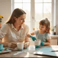 A mother and child create handprint art in a sunlit craft room, with the child's hand covered in teal paint about to press onto a white mug, surrounded by organized craft supplies and drying projects.