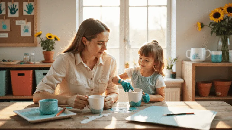 A mother and child create handprint art in a sunlit craft room, with the child's hand covered in teal paint about to press onto a white mug, surrounded by organized craft supplies and drying projects.
