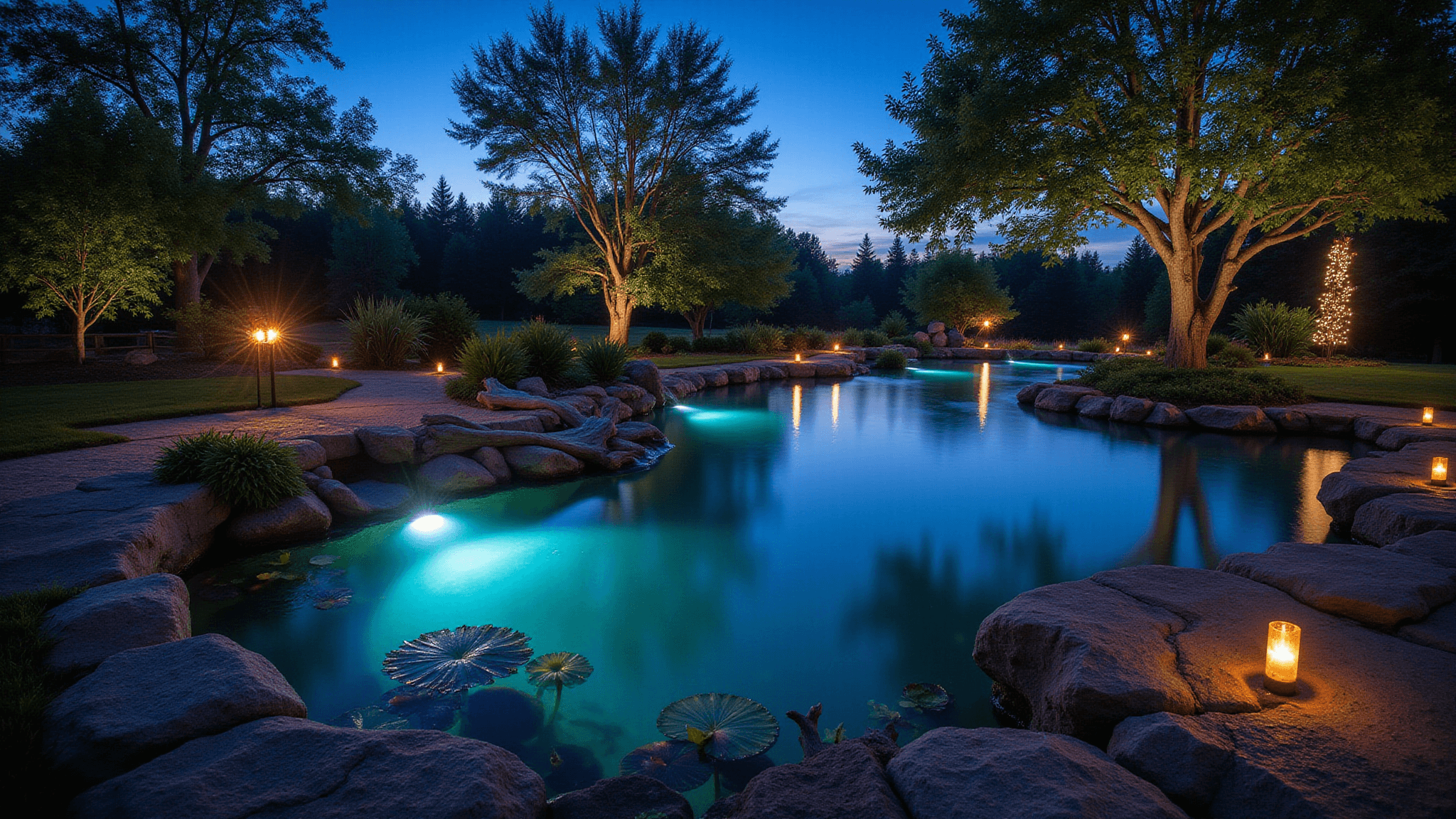 Cinematic nighttime photograph of a tranquil garden pond illuminated with ethereal blue-green LED lights, warm amber pathway lights, and twinkling fairy lights, featuring silhouetted Japanese maple trees and mist over the water's surface, captured in serene blue hour.