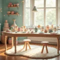 A cozy craft studio filled with pastel clay projects, featuring a vintage wooden table by a bay window, fairy lights, and a plush rug.