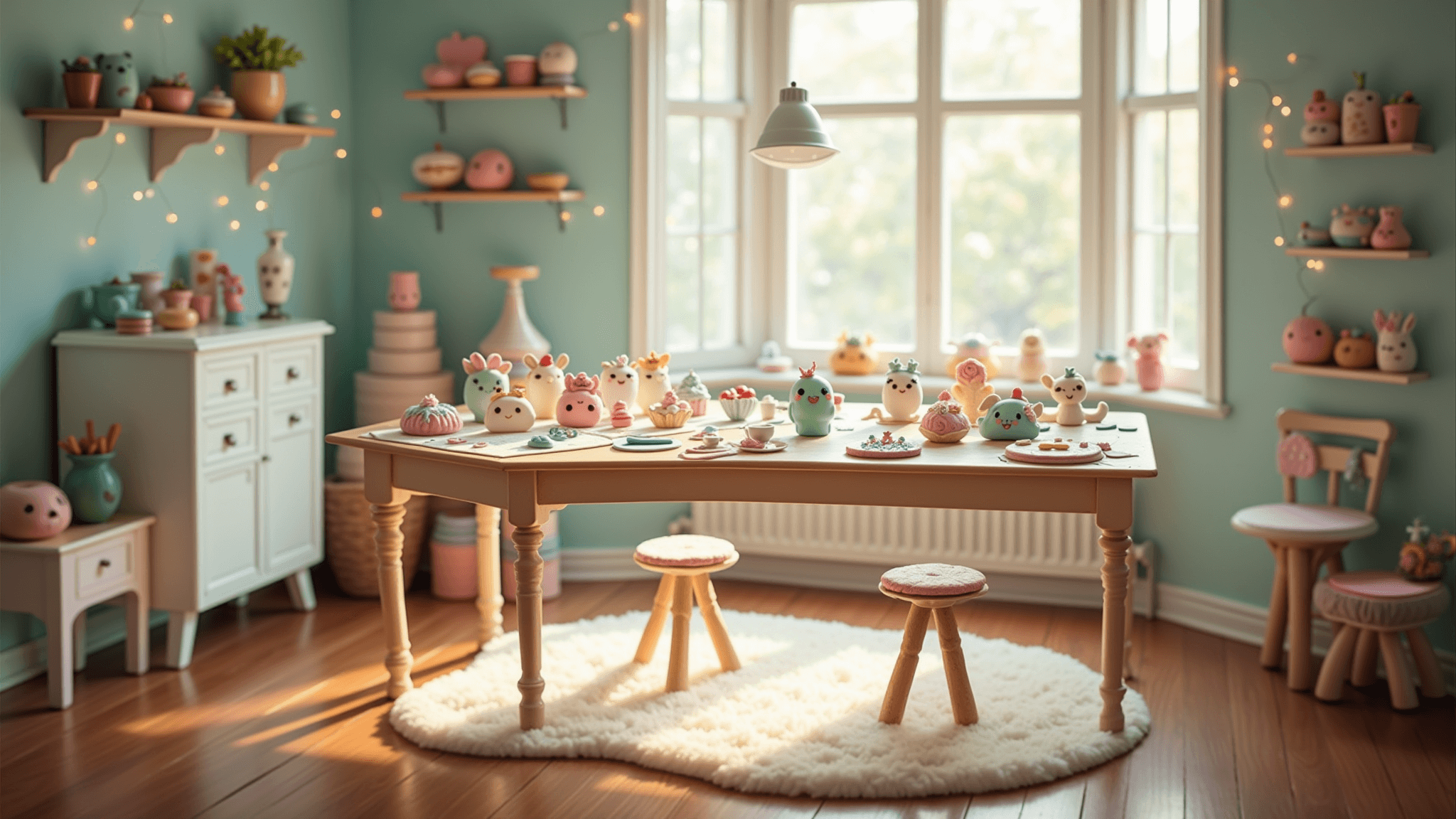 A cozy craft studio filled with pastel clay projects, featuring a vintage wooden table by a bay window, fairy lights, and a plush rug.