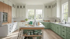How to Paint Kitchen Cabinets Like a Pro: A Complete DIY Makeover Guide Photorealistic wide-angle view of a modern kitchen renovation in progress, showcasing cabinet doors in various transformation stages from original wood to a sage green finish, with organized painting supplies and soft morning light filtering through large windows.