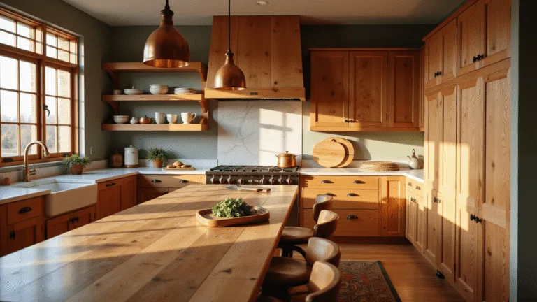 Photorealistic interior shot of a sunlit kitchen featuring knotty alder cabinets, butcher block island, and white marble countertops, accentuated by aged brass hardware and copper pendant lights.