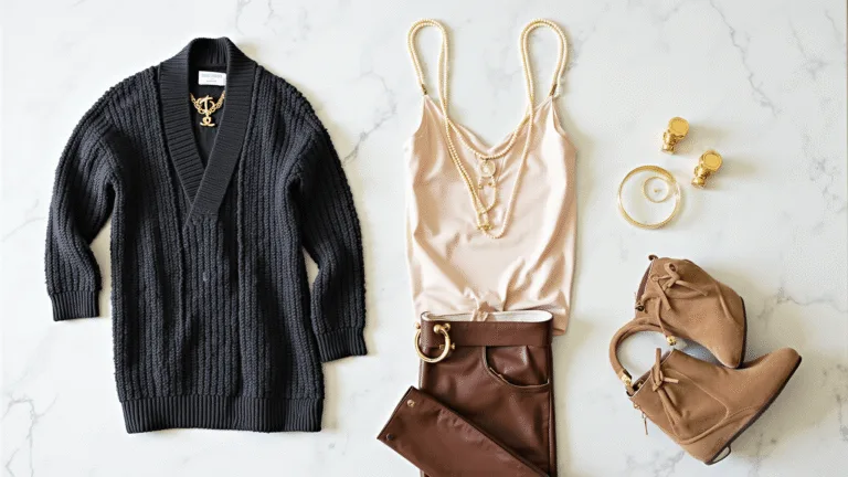 Overhead shot of a layered outfit on a white marble surface, featuring a silk camisole, chunky knit sweater, leather pants, gold jewelry, structured handbag, and suede ankle boots, with soft natural lighting and a clean white background.
