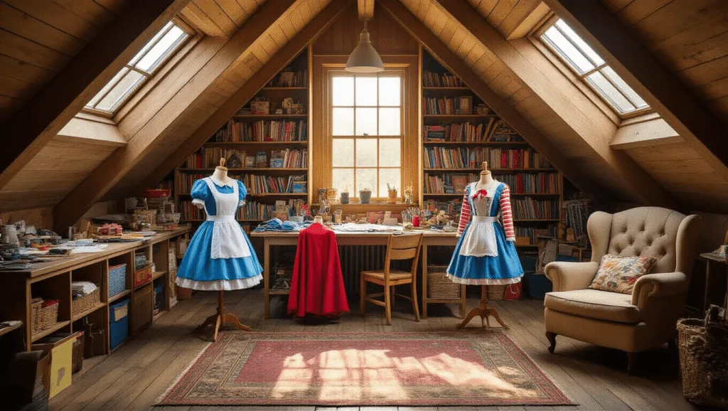 A cozy attic craft workshop bathed in golden afternoon light, featuring organized costume-making materials, vibrant fabrics, a half-finished Alice in Wonderland costume on a dress form, and overflowing bookshelves, all captured in a cinematic wide angle.
