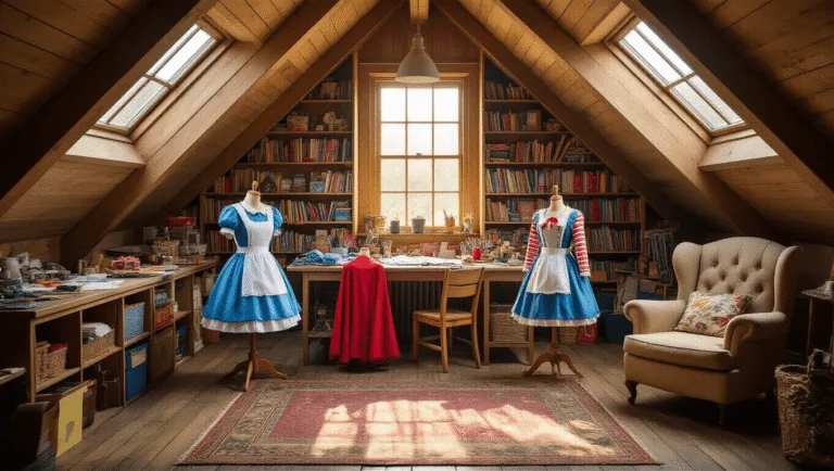 A cozy attic craft workshop bathed in golden afternoon light, featuring organized costume-making materials, vibrant fabrics, a half-finished Alice in Wonderland costume on a dress form, and overflowing bookshelves, all captured in a cinematic wide angle.