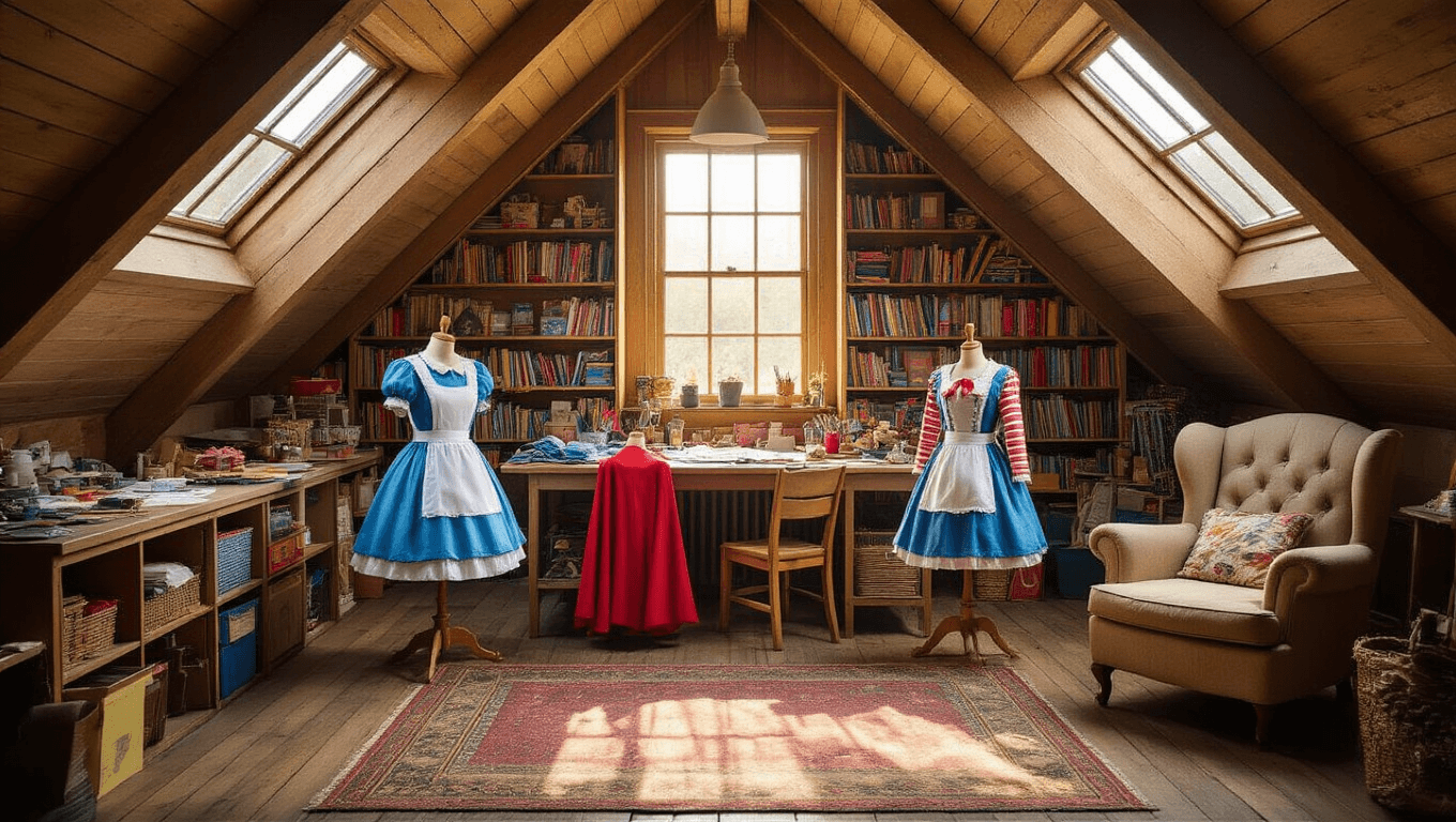 A cozy attic craft workshop bathed in golden afternoon light, featuring organized costume-making materials, vibrant fabrics, a half-finished Alice in Wonderland costume on a dress form, and overflowing bookshelves, all captured in a cinematic wide angle.