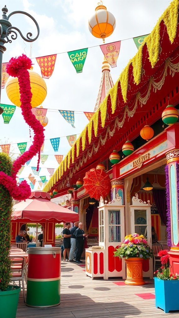 A colorful carnival scene with decorations, flowers, and people enjoying the festivities.