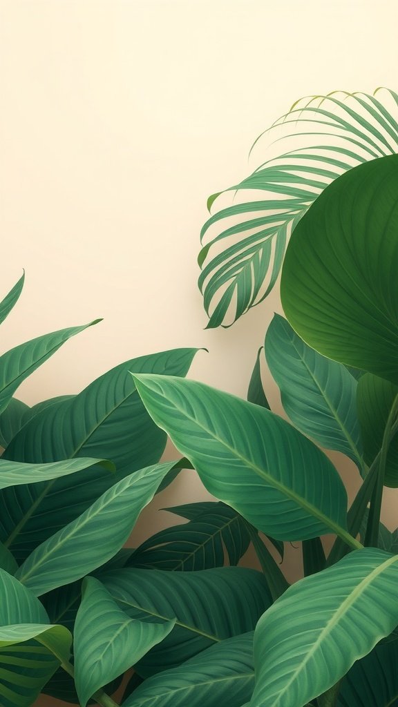 A close-up of lush green tropical leaves against a soft background.