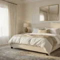 A luxurious master bedroom at golden hour, featuring a king-sized cream linen bed with layered bedding, antiqued mirror nightstands, ceramic lamps, a vintage Persian rug, cream walls with a tray ceiling, and warm sunlight casting shadows.