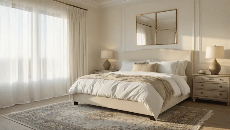 A luxurious master bedroom at golden hour, featuring a king-sized cream linen bed with layered bedding, antiqued mirror nightstands, ceramic lamps, a vintage Persian rug, cream walls with a tray ceiling, and warm sunlight casting shadows.