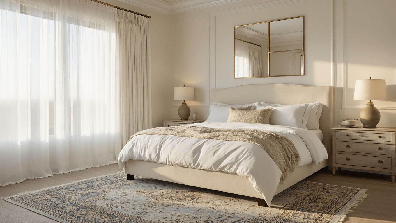 A luxurious master bedroom at golden hour, featuring a king-sized cream linen bed with layered bedding, antiqued mirror nightstands, ceramic lamps, a vintage Persian rug, cream walls with a tray ceiling, and warm sunlight casting shadows.