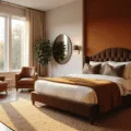 A luxurious brown bedroom showcasing golden hour lighting, featuring a king-size bed with a tufted chocolate brown velvet headboard, layered bedding, and a vintage cognac leather armchair, all set against an umber accent wall and weathered oak flooring.