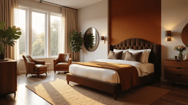 A luxurious brown bedroom showcasing golden hour lighting, featuring a king-size bed with a tufted chocolate brown velvet headboard, layered bedding, and a vintage cognac leather armchair, all set against an umber accent wall and weathered oak flooring.
