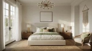 Primary Bedroom Ideas: Transform Your Personal Sanctuary in 2024 Photorealistic interior of a serene primary bedroom at golden hour, featuring a king-sized bed with ivory linen, textured pillows, walnut nightstands with brass lamps, and a jute rug. Sheer curtains billow softly, and a macramé wall hanging decorates the headboard. The warm light from a modern chandelier enhances the cinematic atmosphere, captured from a doorway perspective.