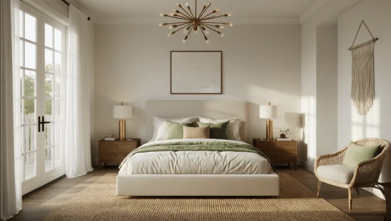 Photorealistic interior of a serene primary bedroom at golden hour, featuring a king-sized bed with ivory linen, textured pillows, walnut nightstands with brass lamps, and a jute rug. Sheer curtains billow softly, and a macramé wall hanging decorates the headboard. The warm light from a modern chandelier enhances the cinematic atmosphere, captured from a doorway perspective.