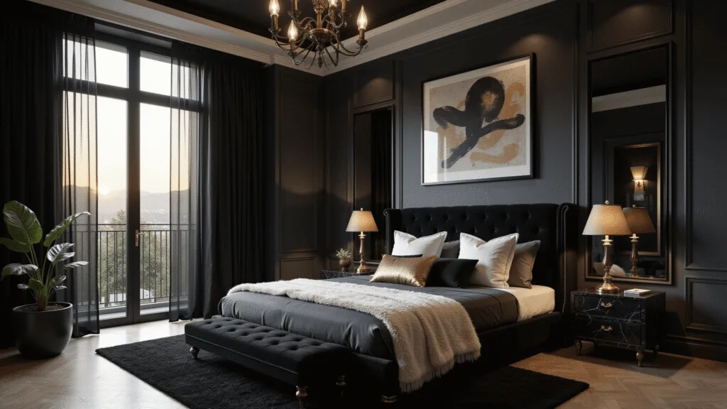Black Bedroom Ideas: Transform Your Space into a Dramatic Sanctuary Luxurious black master bedroom featuring a king-sized platform bed, Art Deco chandelier, velvet curtains, and gold accents, illuminated by warm ambient lighting during magic hour.