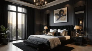 Black Bedroom Ideas: Transform Your Space into a Dramatic Sanctuary Luxurious black master bedroom featuring a king-sized platform bed, Art Deco chandelier, velvet curtains, and gold accents, illuminated by warm ambient lighting during magic hour.