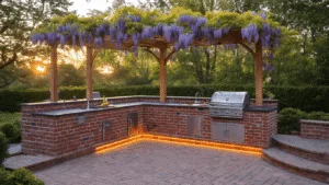 Build the Ultimate Brick BBQ Area: Your Backyard's Best Upgrade Photorealistic image of a luxurious L-shaped brick BBQ station at golden hour, featuring custom herringbone-patterned red clay bricks, polished granite countertops, and a cedar pergola draped in wisteria, with integrated LED lighting and a curved seating area with navy cushions.