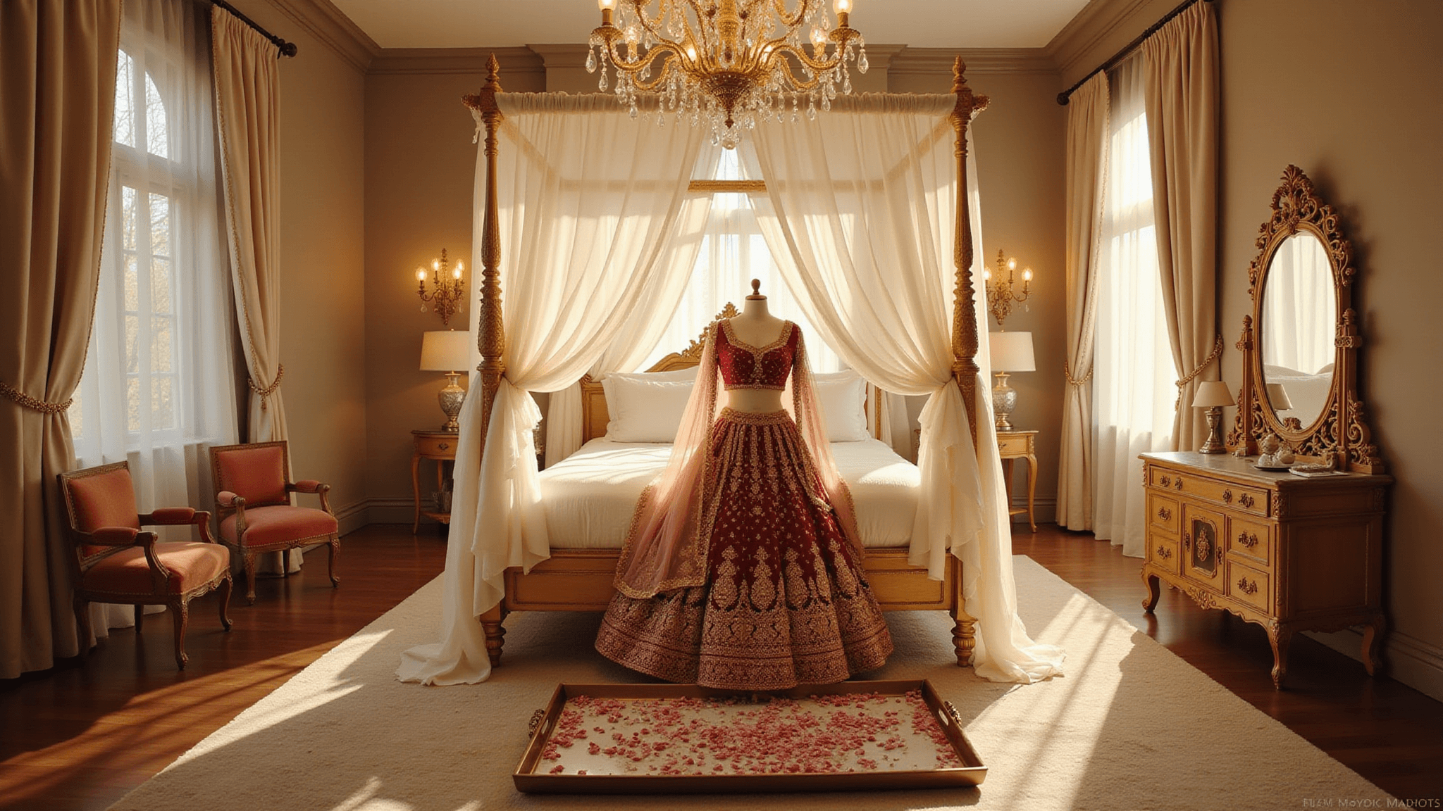 Opulent master bedroom with golden morning light, featuring a four-poster bed and a bridal lehenga display on an ornate tray, complemented by a vintage dressing table and luxurious decor.
