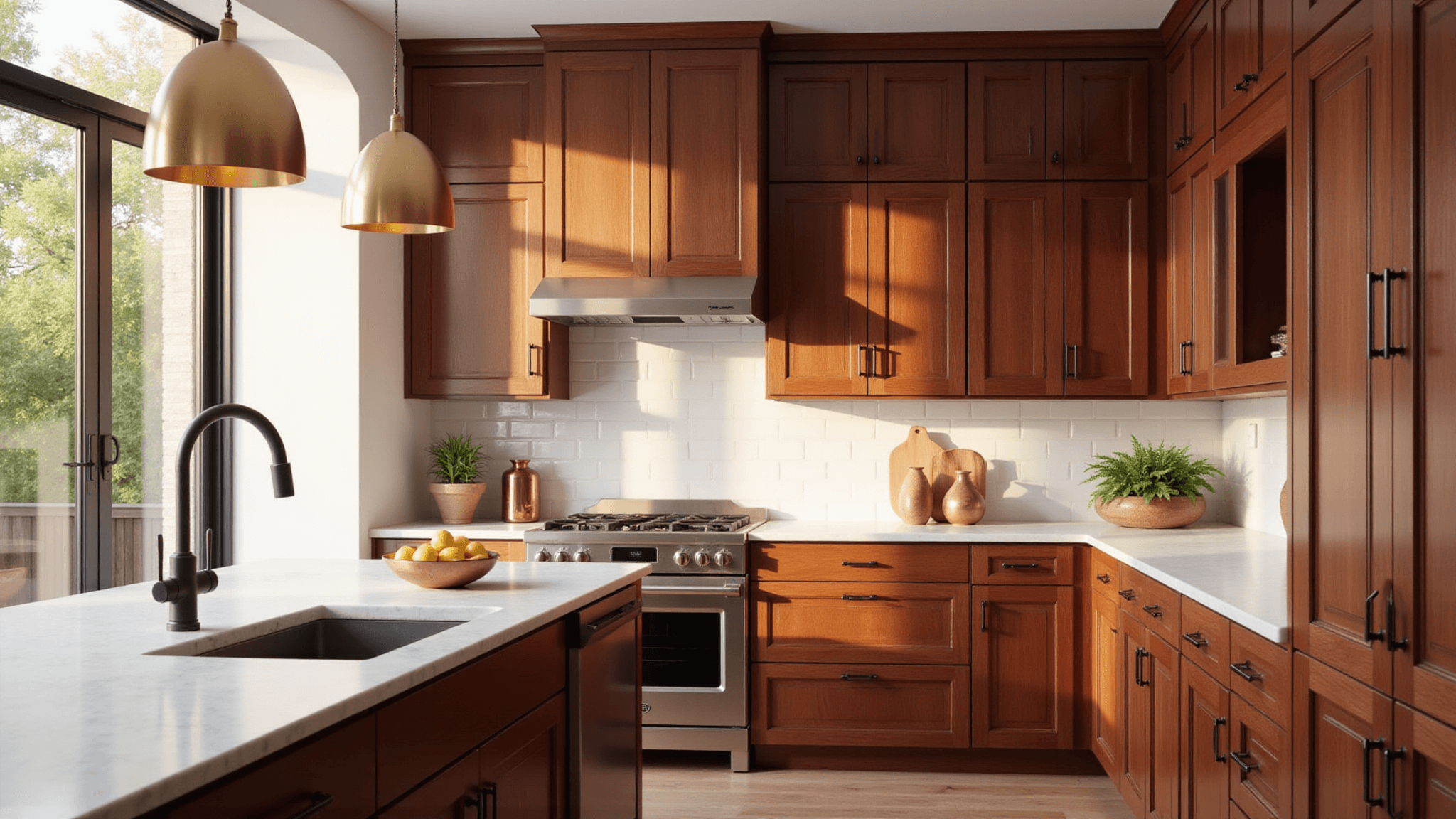 Photorealistic interior shot of a luxury kitchen with cherry wood cabinets, white quartz countertops, and stainless steel appliances, illuminated by golden-hour sunlight through large windows.