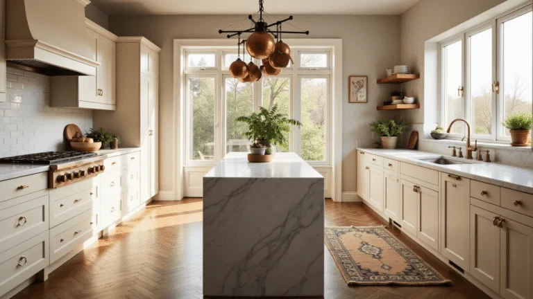 Photorealistic interior of a sunlit luxury kitchen with cream shaker cabinets, Calacatta marble waterfall island, and white oak herringbone floors, featuring natural light, hanging copper pots, and potted herbs, captured in 8K resolution with dramatic depth of field and warm golden hour tones.