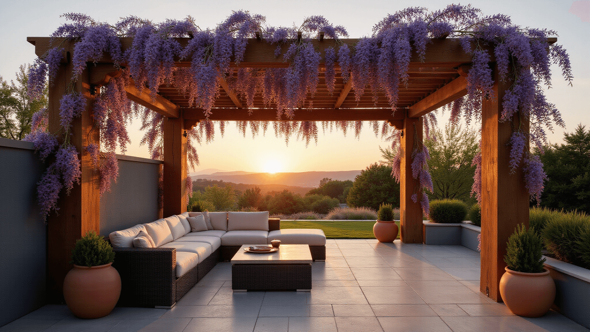 A luxurious garden terrace featuring a cedar pergola adorned with purple wisteria, a modern charcoal gray sectional sofa, and Mediterranean plants, all illuminated by warm sunset light with copper string lights adding ambiance.