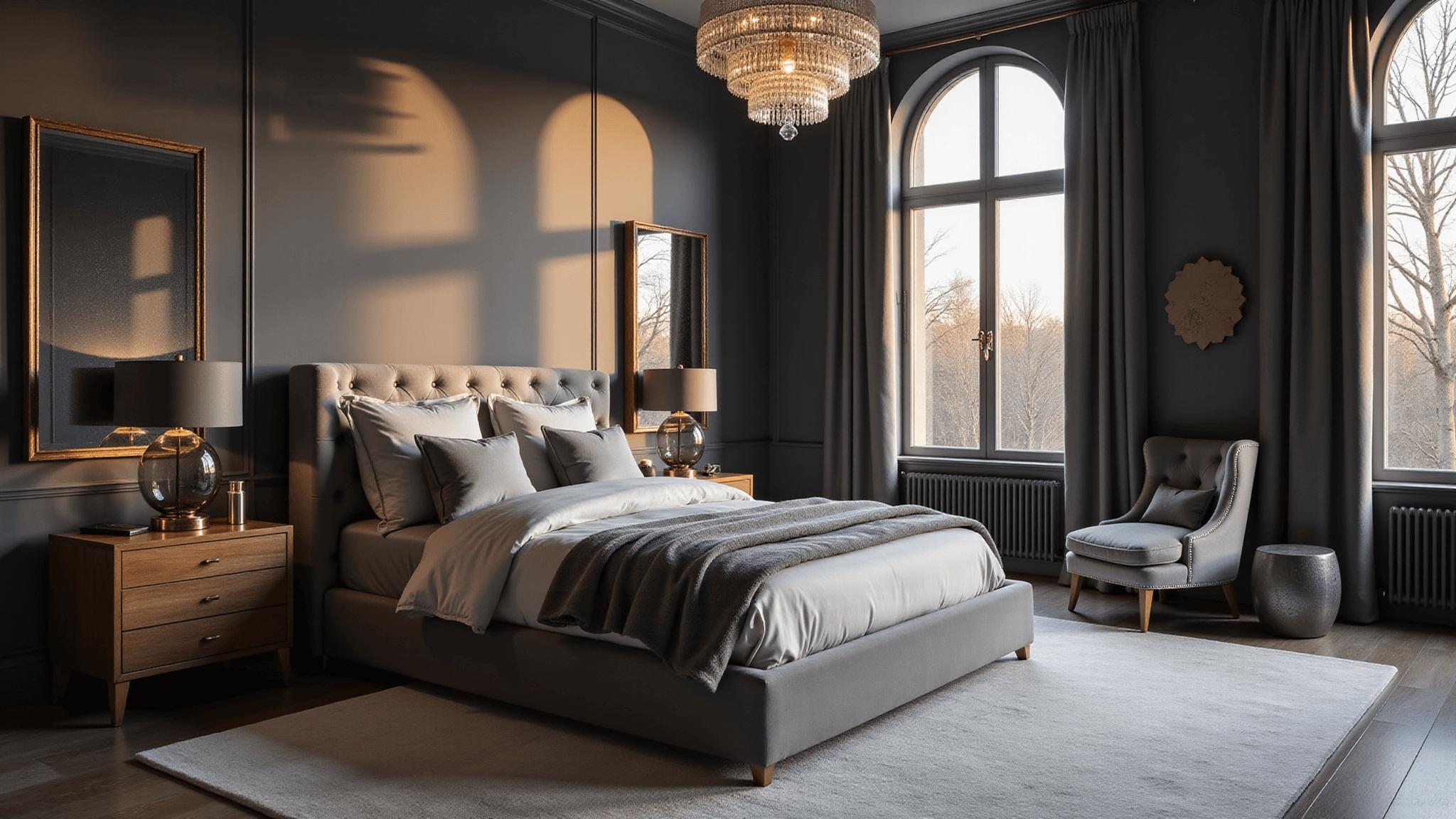 A luxurious master bedroom interior at golden hour, featuring deep charcoal gray walls, a king-size velvet headboard bed, layered silk and velvet bedding, and warm light from a crystal chandelier reflecting off an oversized ornate mirror, with flowing silk drapes and brass accents.