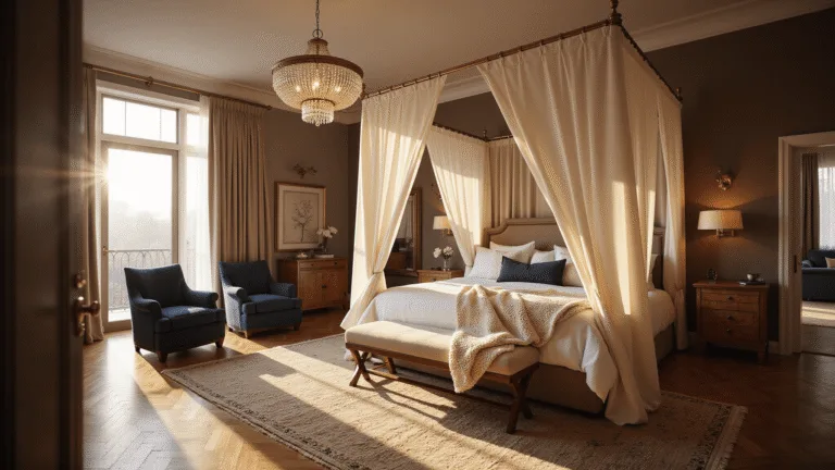 An opulent master bedroom bathed in golden hour light, featuring a king-size canopy bed with ivory silk drapes, crystal chandelier casting colorful shadows, and herringbone hardwood floors adorned with an oversized Persian rug. Warm taupe grasscloth wallpaper and a cozy seating area with navy velvet chairs complete the luxurious scene.