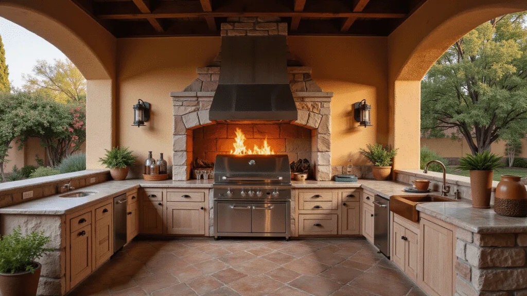 A luxurious Mediterranean outdoor kitchen featuring a stainless steel grill and wood-fired pizza oven under stone archways, adorned with terracotta tiles and a pergola draped in bougainvillea, illuminated by warm sunset light.