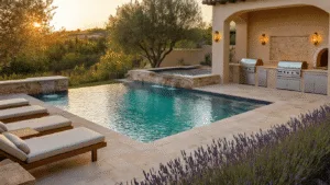 Backyard Kitchen and Pool: Your Ultimate Outdoor Entertainment Sanctuary A luxurious Mediterranean outdoor kitchen and entertainment space featuring a 40ft infinity-edge pool at golden hour, with an L-shaped kitchen, cascading water feature, and ambient lighting.