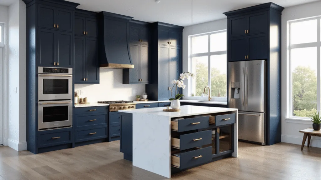 Photorealistic image of a spacious contemporary kitchen featuring deep navy blue wood cabinets, brass hardware, and pristine white quartz countertops, illuminated by natural morning sunlight through floor-to-ceiling windows, with a central island and high-end appliances, styled minimalistically.
