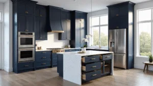 Kitchen Cabinets: Your Ultimate Guide to Choosing the Perfect Storage Solution Photorealistic image of a spacious contemporary kitchen featuring deep navy blue wood cabinets, brass hardware, and pristine white quartz countertops, illuminated by natural morning sunlight through floor-to-ceiling windows, with a central island and high-end appliances, styled minimalistically.