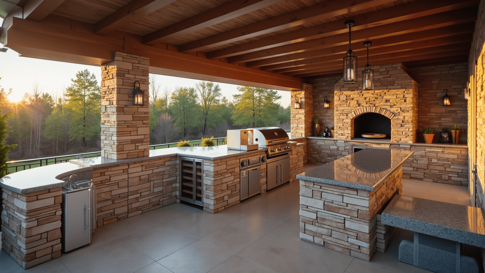 Photorealistic wide-angle shot of a luxurious L-shaped outdoor kitchen during golden hour, featuring a stainless steel grill, waterfall granite countertops, stone veneer walls, and a cedar wood pergola, with modern pendant lighting, a built-in wine fridge, and a brick pizza oven, surrounded by fresh herbs in terracotta planters.