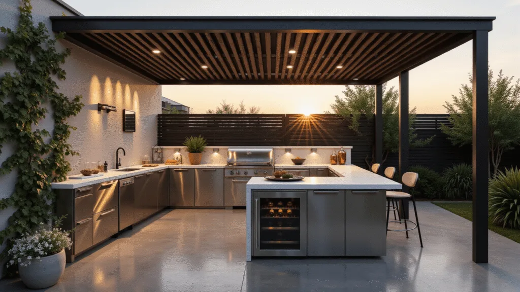 Photorealistic outdoor kitchen on an elevated deck at sunset, featuring stainless steel appliances, granite countertops, weathered teak dining set, and city skyline backdrop.
