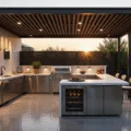 Photorealistic outdoor kitchen under a sleek black aluminum pergola at sunset, featuring white quartz countertops, stainless steel appliances, ambient LED lighting, and climbing jasmine vines, captured in ultra-detailed 8k resolution with dramatic shadows and cinematic lighting.