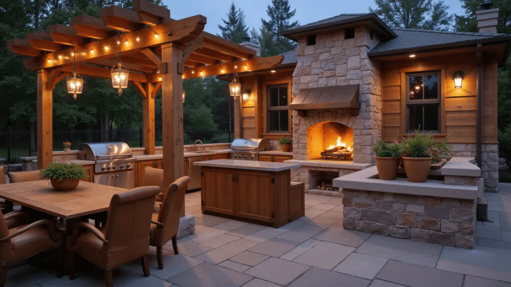 Outdoor Kitchen with Fireplace: Your Ultimate Backyard Transformation Guide Photorealistic outdoor kitchen at twilight with a grand stone fireplace, reclaimed barn wood countertops, stainless steel grill, copper lighting, and terracotta herb planters, featuring a natural stone patio and plush seating.
