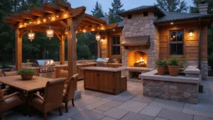 Outdoor Kitchen with Fireplace: Your Ultimate Backyard Transformation Guide Photorealistic outdoor kitchen at twilight with a grand stone fireplace, reclaimed barn wood countertops, stainless steel grill, copper lighting, and terracotta herb planters, featuring a natural stone patio and plush seating.