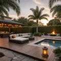 Photorealistic wide-angle image of a luxurious tropical backyard oasis at golden hour, featuring an IPE wood deck, lush landscaping, modern sectional furniture, warm string lights, a copper fountain, and intricate Moroccan lanterns, with vibrant plants and a fire pit area.
