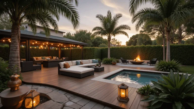 Photorealistic wide-angle image of a luxurious tropical backyard oasis at golden hour, featuring an IPE wood deck, lush landscaping, modern sectional furniture, warm string lights, a copper fountain, and intricate Moroccan lanterns, with vibrant plants and a fire pit area.