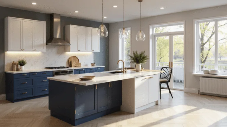Photorealistic modern luxury kitchen with navy blue lower cabinets, white upper cabinets, and a honed marble waterfall island, featuring natural light from floor-to-ceiling windows, brushed gold hardware, and white oak herringbone flooring, accented by crystal pendant lights in golden hour lighting.