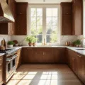 Photorealistic interior of a sunlit contemporary kitchen featuring rich walnut wood cabinets, marble countertops, brass hardware, and artisanal decor, captured with soft shadows and golden hour lighting.