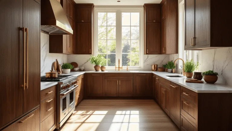 Photorealistic interior of a sunlit contemporary kitchen featuring rich walnut wood cabinets, marble countertops, brass hardware, and artisanal decor, captured with soft shadows and golden hour lighting.