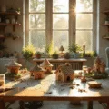 A sunlit craft room filled with air-dry clay projects and intricate fairy houses on a rustic table, surrounded by shelves of finished creations, all immersed in a magical atmosphere with dust motes dancing in the golden light.