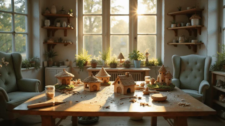 A sunlit craft room filled with air-dry clay projects and intricate fairy houses on a rustic table, surrounded by shelves of finished creations, all immersed in a magical atmosphere with dust motes dancing in the golden light.