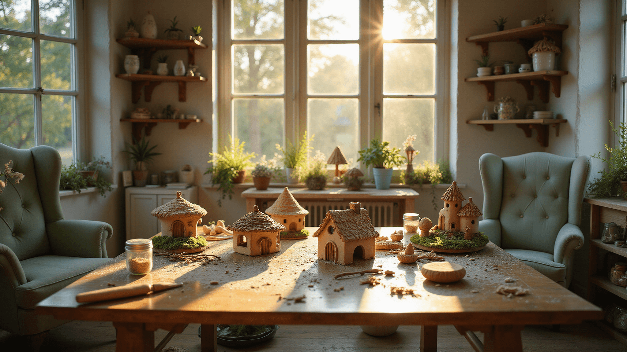 A sunlit craft room filled with air-dry clay projects and intricate fairy houses on a rustic table, surrounded by shelves of finished creations, all immersed in a magical atmosphere with dust motes dancing in the golden light.